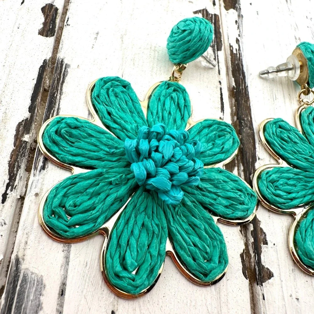 Raffia Woven Flower‎ Earrings Turquoise Blue NEW